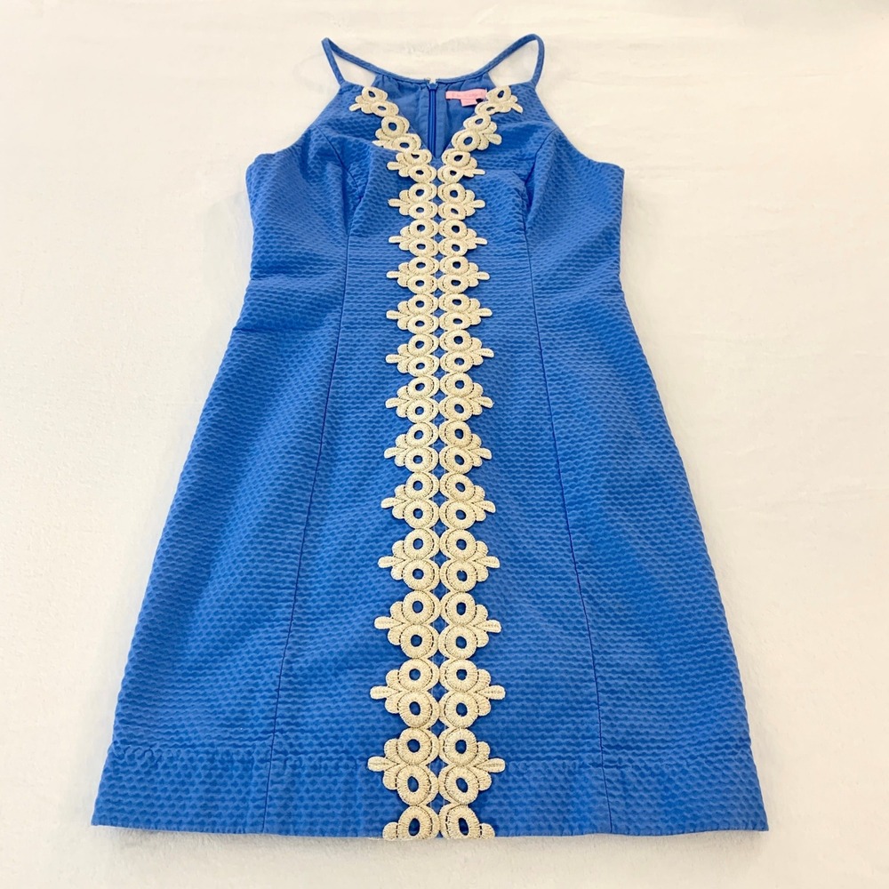 Lilly Pulitzer Alianna Shift Dress Women Blue Seersucker Lace Halter Cotton Sz 4